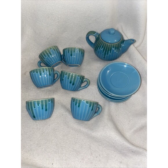 Hand Painted Pottery Tea Set Sicily Italy 6 Cups Teapot Plates Blue Ceramic - Picture 1 of 9